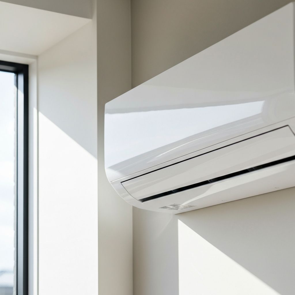 Modern split system air conditioning unit installed on a white wall